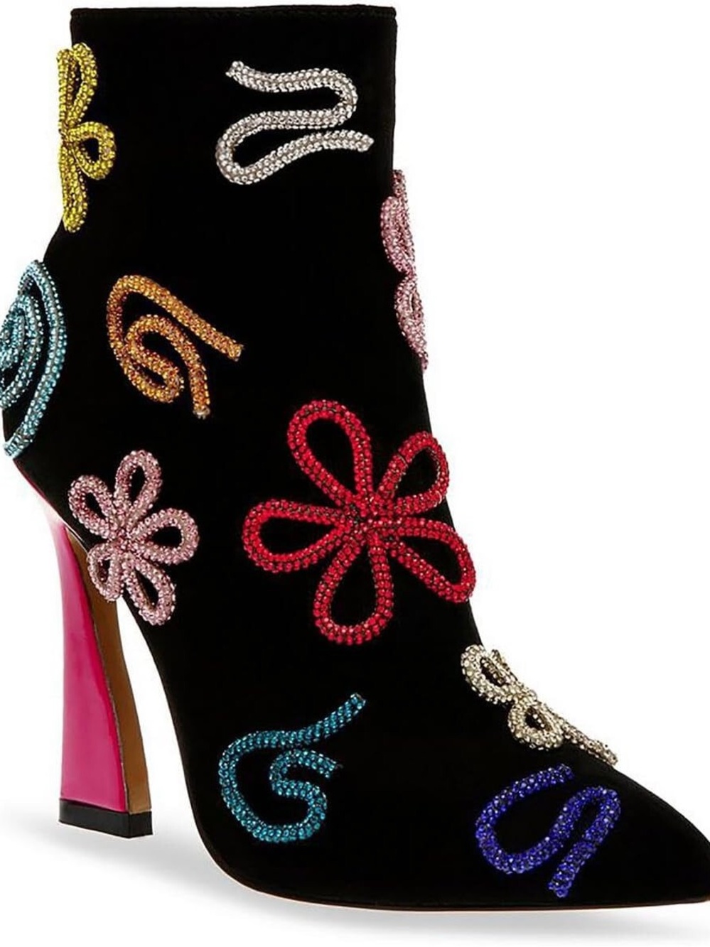Embellished Black Velvet Ankle Boots with Multicolor Crystal Motifs